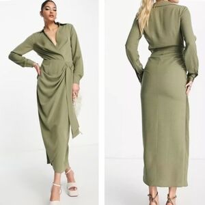 ASOS Khaki Green Drape Faux Wrap Dress